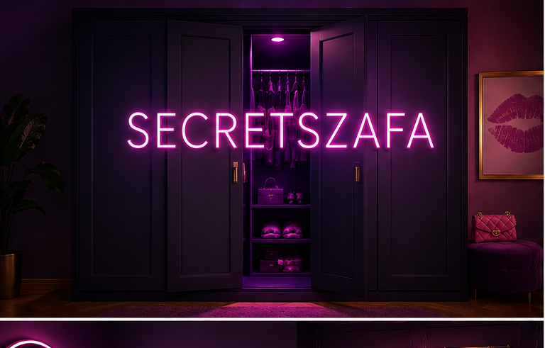 Otwarta szafa SecretSzafa z neonowym logo i akcesoriami w śliwkowym wnętrzu